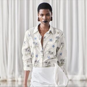 NWT Zara Seaside Tropical Button Down Shirt Small White